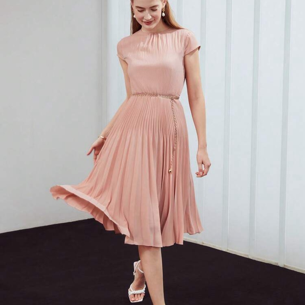 MOTF peach Pleated Midi Dress cap short sleeve coral pink